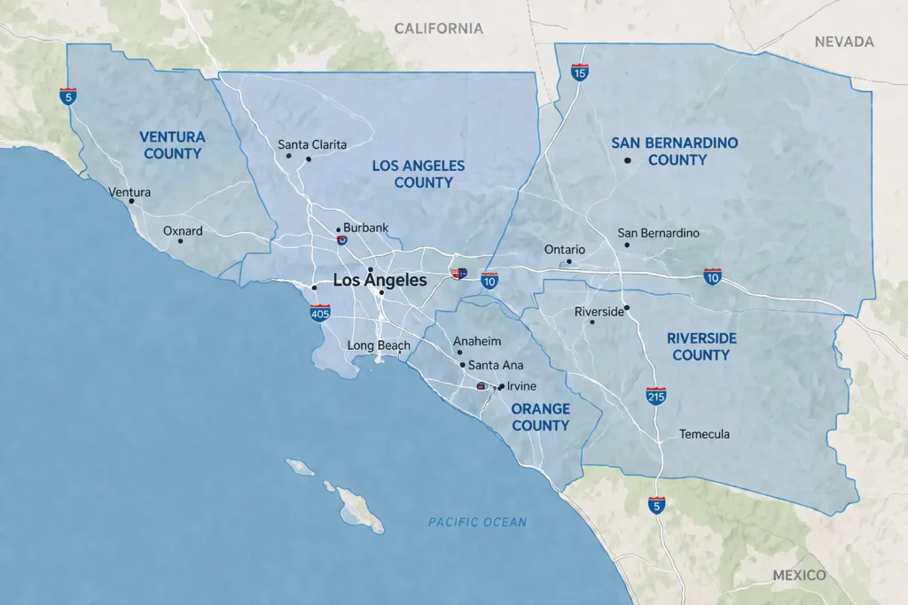 Map of home health service areas in Los Angeles, Orange, Riverside, San Bernardino, and Ventura counties