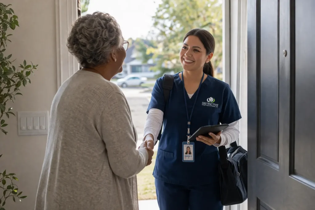 Home health nurse greeting a patient at home in Los Angeles