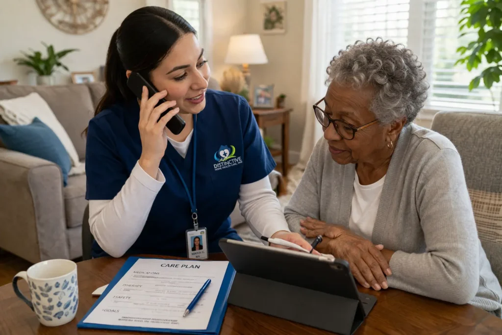 Home health nurse answering a patient’s questions at home in Los Angeles