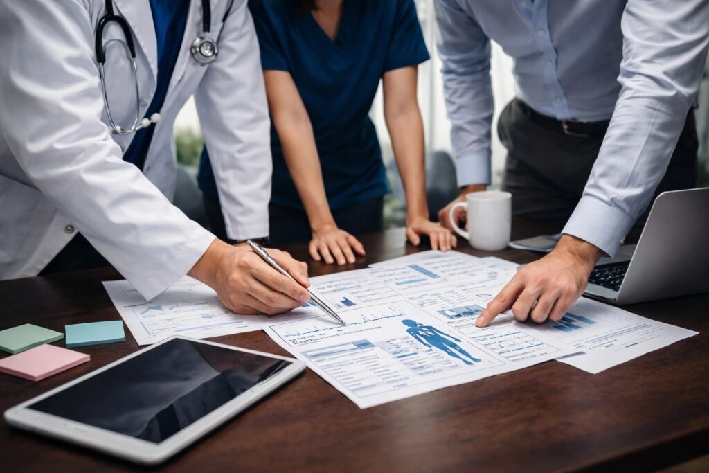 Home health nurse reviewing a patient care plan at home in Los Angeles